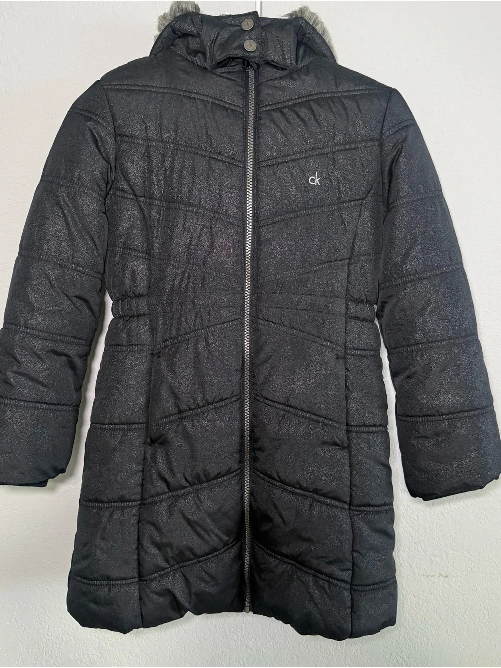 Calvin Klein Jeans Girls Size M 8/10 Black Shimmer Hooded Long Puffer Coat